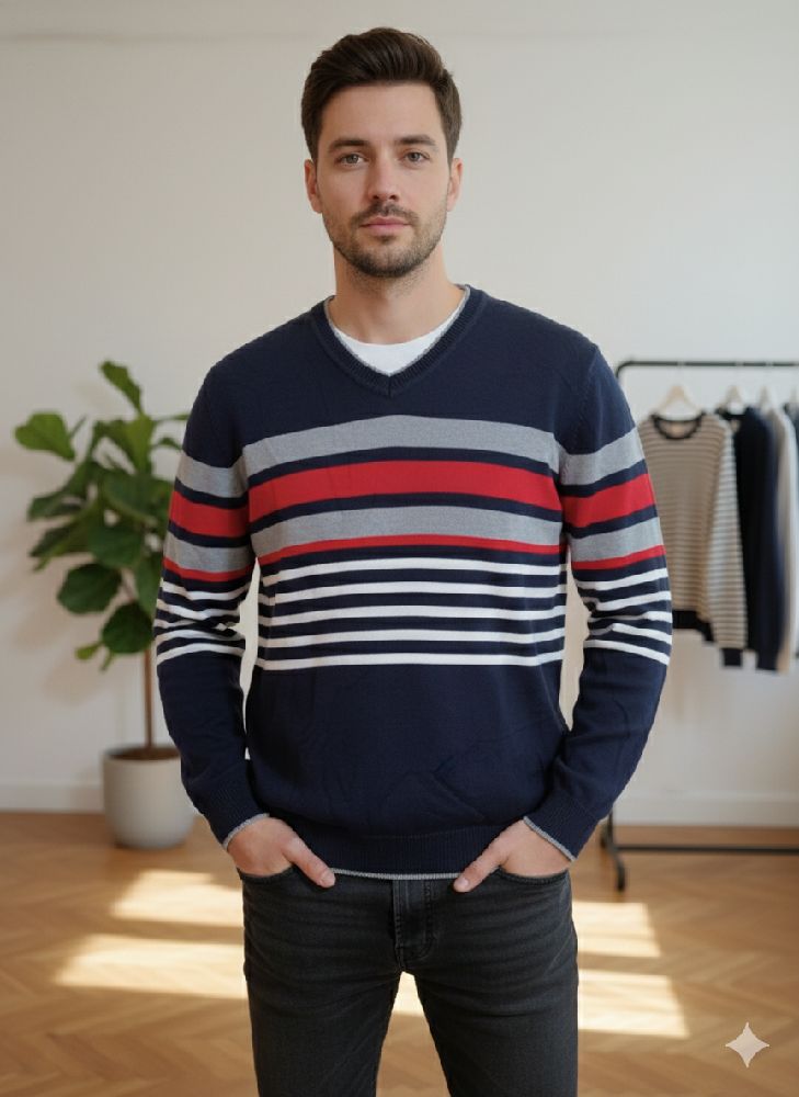 Pull en tricot rayé col V