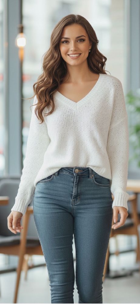 Pull blanc en tricot texturé à col en V