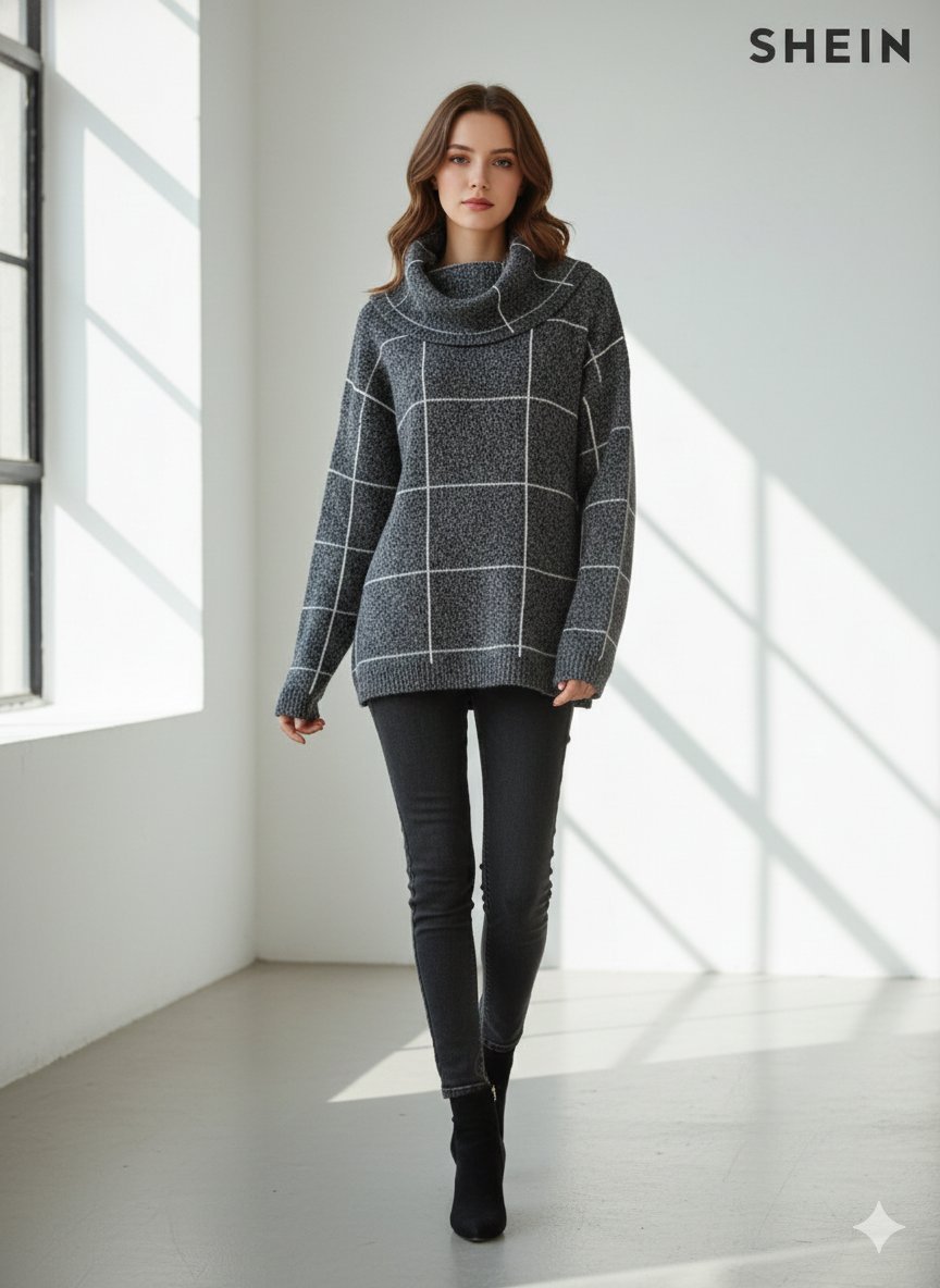 Pull à col bénitier à carreaux très chic