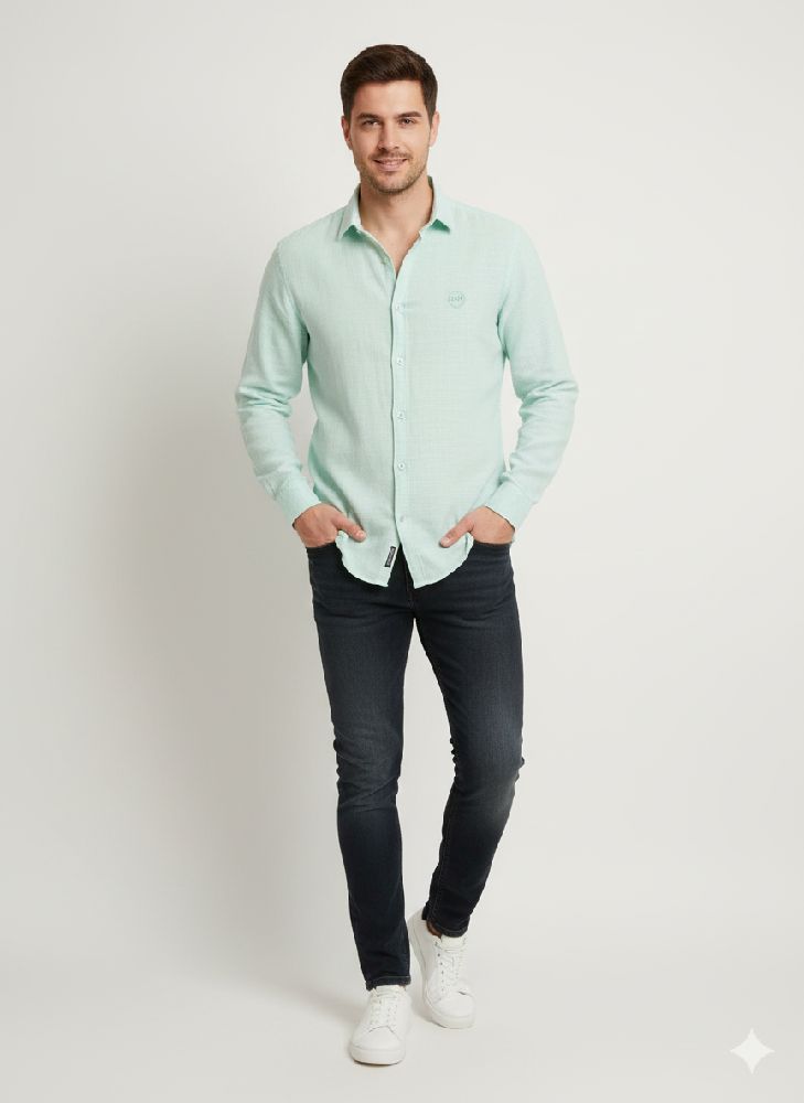 Chemise texturée en lin et coton vert clair à coupe régulière
