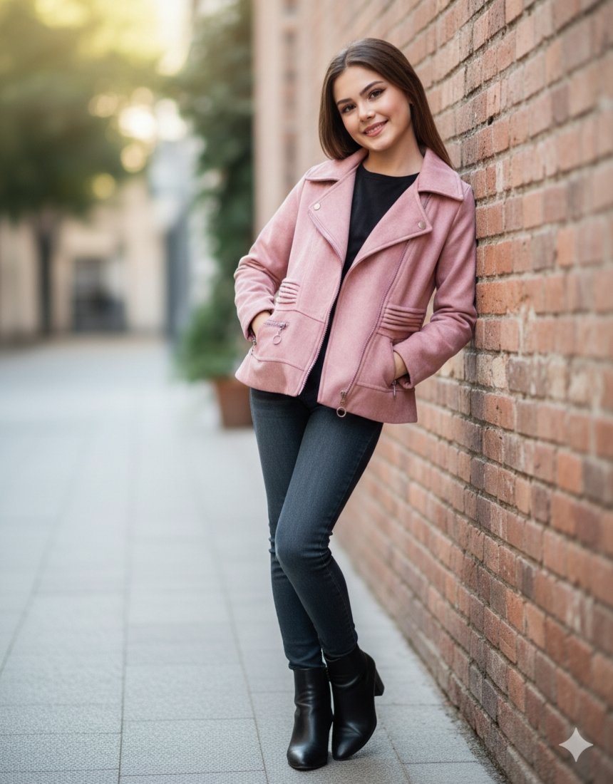 Veste de style motard en faux daim rose