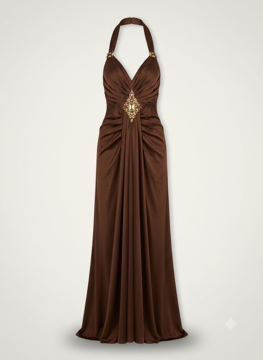 Robe de soirée longue marron - Style Licou avec bijoux