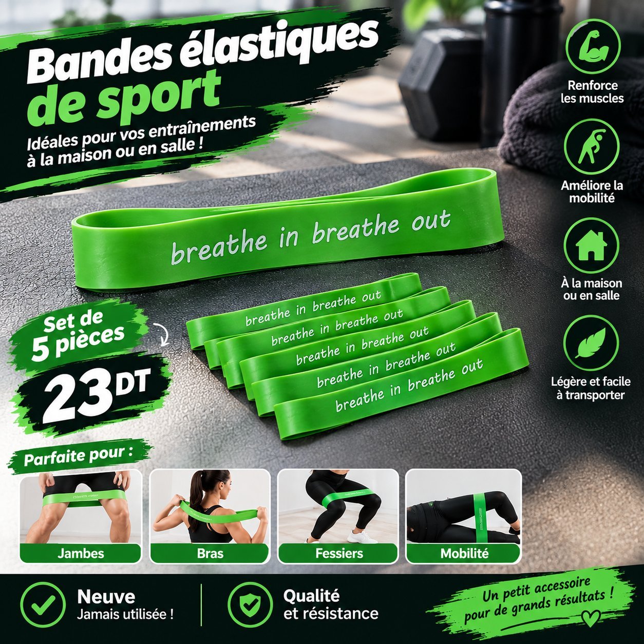 Lot de 5 Bandes Élastiques de Sport Vertes – Neuf 💚