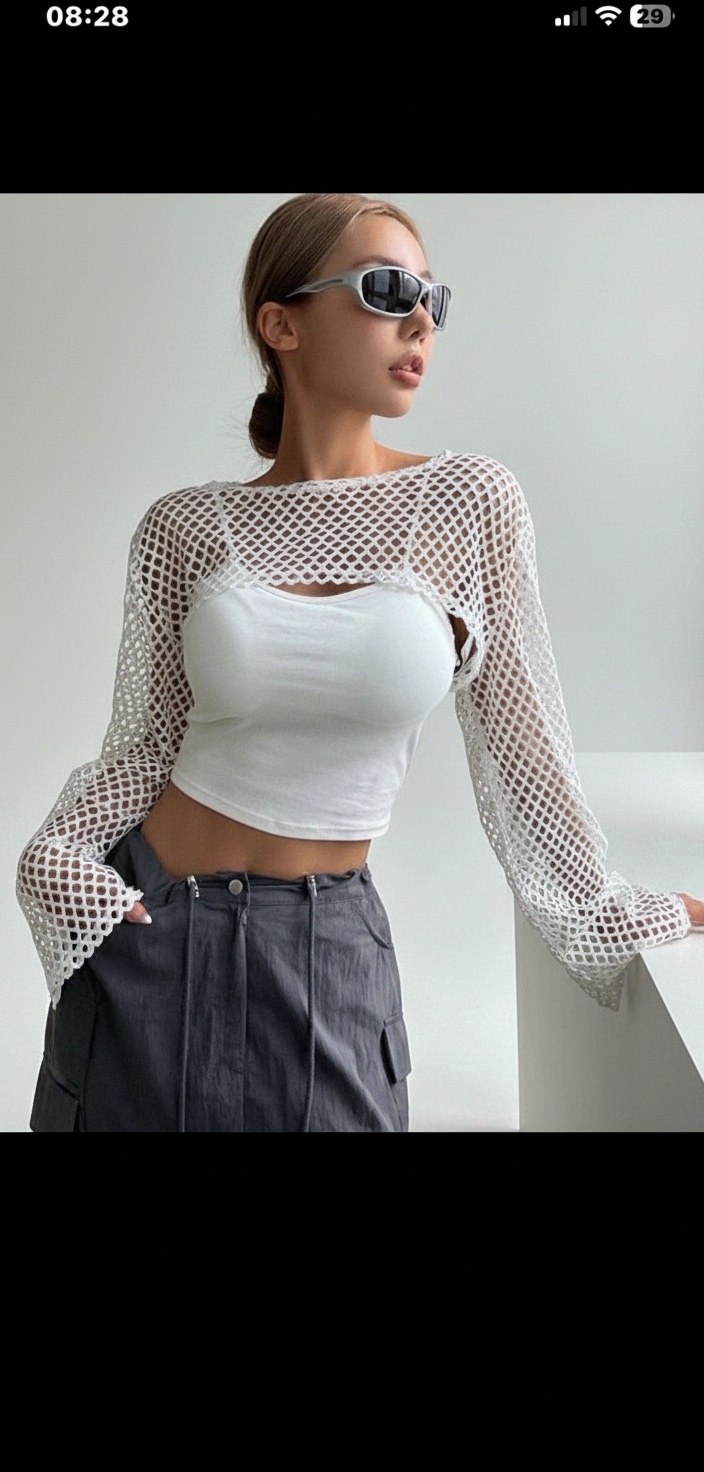 DAZY Hollow Out Drop Shoulder Crop Top Without Cami Top Festival Sheer Long Sleeve Women Tops