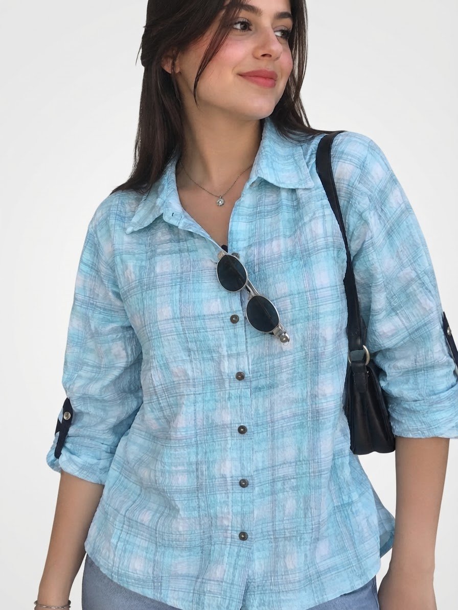 Chemise femme à carreaux bleu ciel et blanc