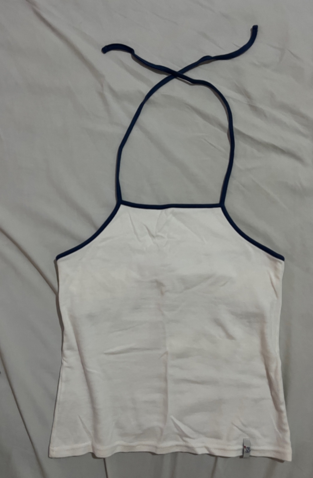 🤍💙 Top dos nu blanc avec bordure bleu marine – Taille S