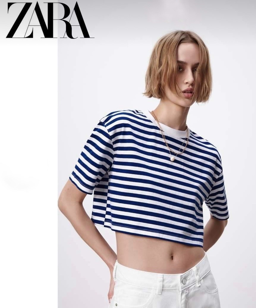 💙🤍 T-shirt Zara à rayures bleu et blanc – Taille L