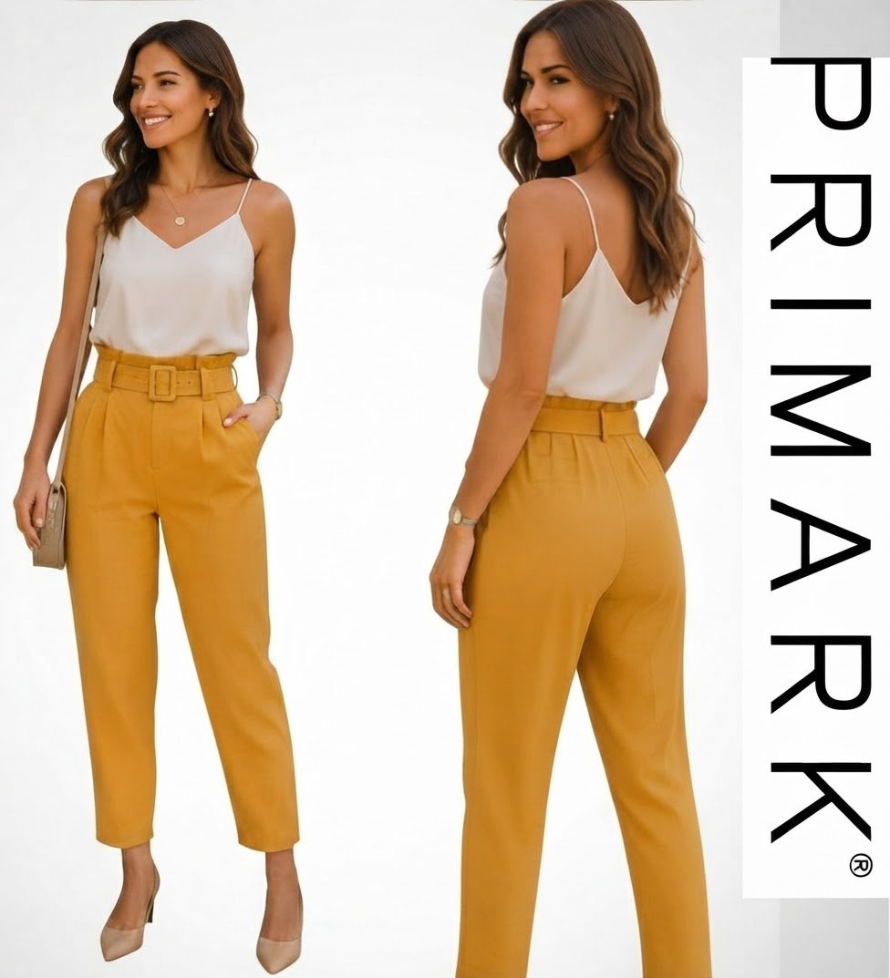 Joliiiiii pantalon Primark T40 fluide jaune moutarde ceinturé taille haute état neuf 💛💛 