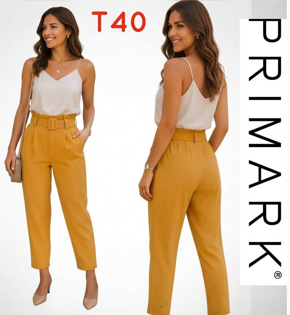 Joliiiiii pantalon Primark T40 fluide jaune moutarde ceinturé taille haute état neuf 🧡💛🧡 