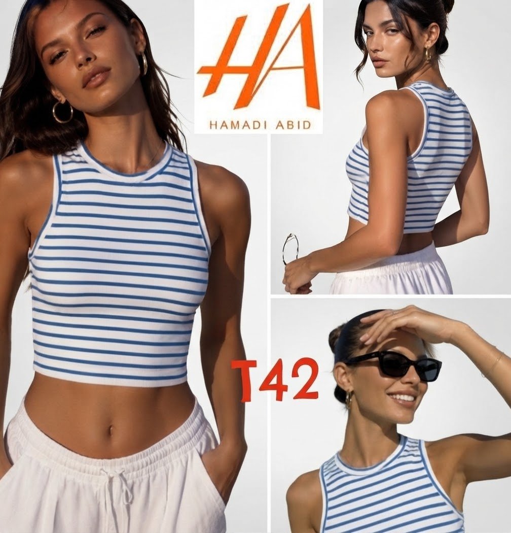 Joliiiiii crop top HA T42 blanc rayé au bleu très coquet état neuf 🩵💙🤍 
