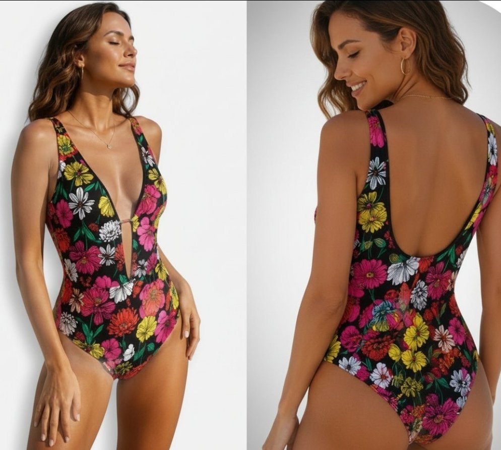Joliiiiii maillot de bain T38 noir imprimé floral état neuf 🌺❤️🌺 