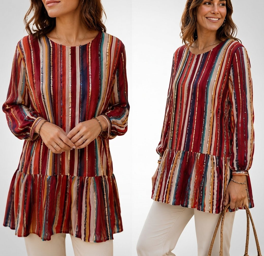 Joliiiiiie tunique T38 rayée couleurs agréables avec joli design et des fils d'or 🧡🖤 🧡❣️ 💚🩶 💛 