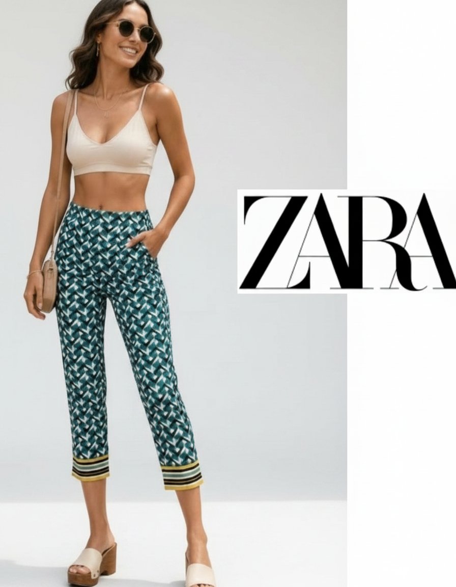 Joliiiiii pantacourt Zara T40 Vert imprimé design jaune 💚💛💚 