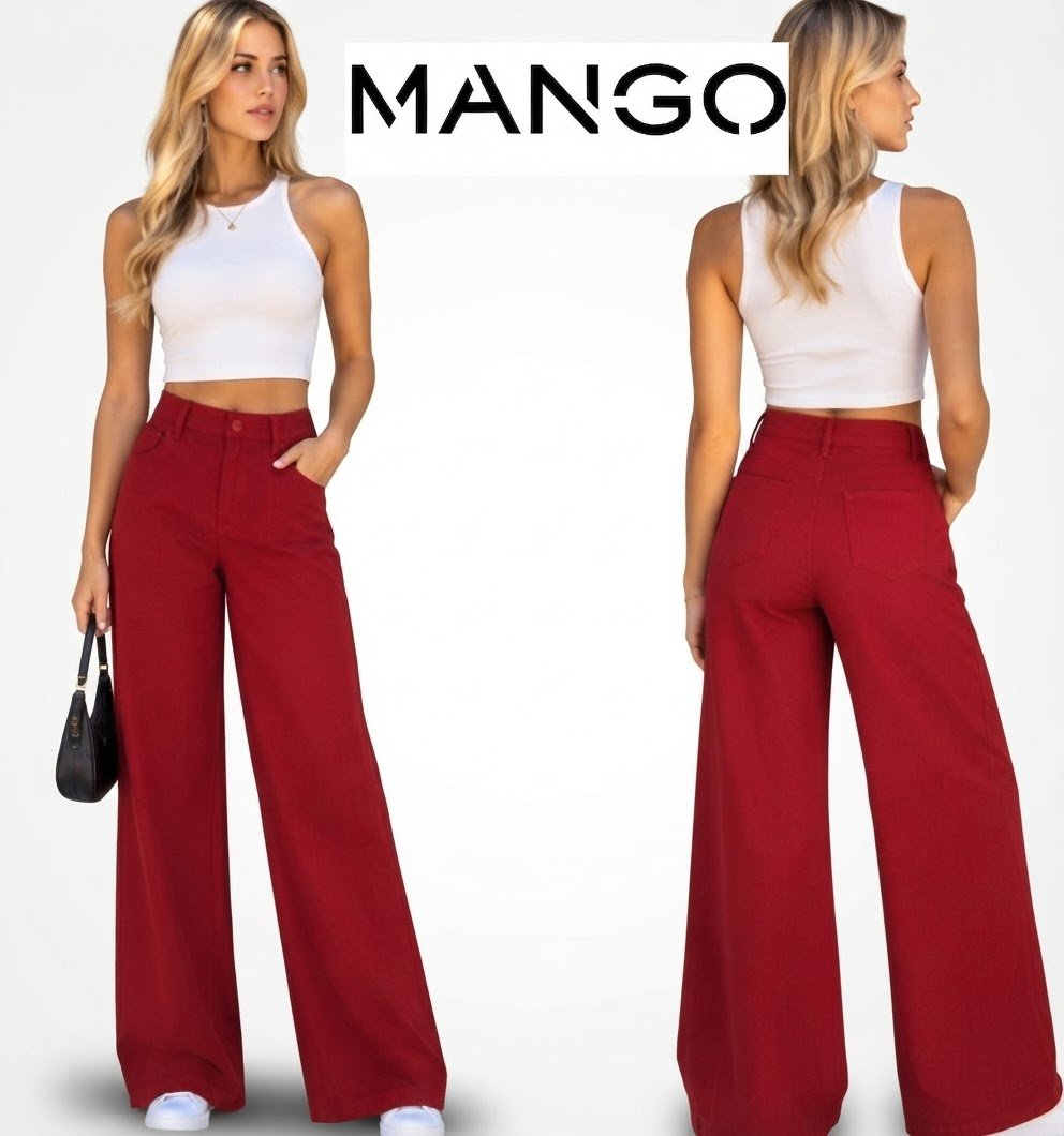 Joliiiiii pantalon Mango T36 rouge strawberry taille haute pattes d'éléphant ultra-large 🍓🍓 