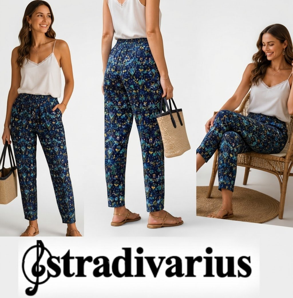 Joliiiiii pantalon large Stradivarius T38 bleu imprimé floral couleur agréable d'été état neuf 🏝️⛱️🏖️ 