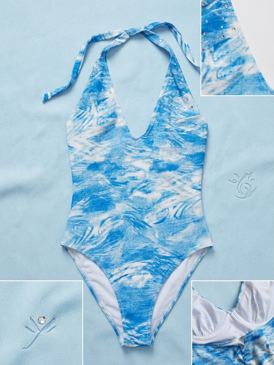 Un maillot de bain une pièce orné de strass et de motifs ondulés bleus et blancs.