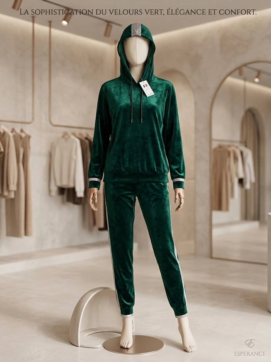 Cet ensemble en velours vert émeraude est à la fois sophistiqué et original. Avec foulard cadeau 