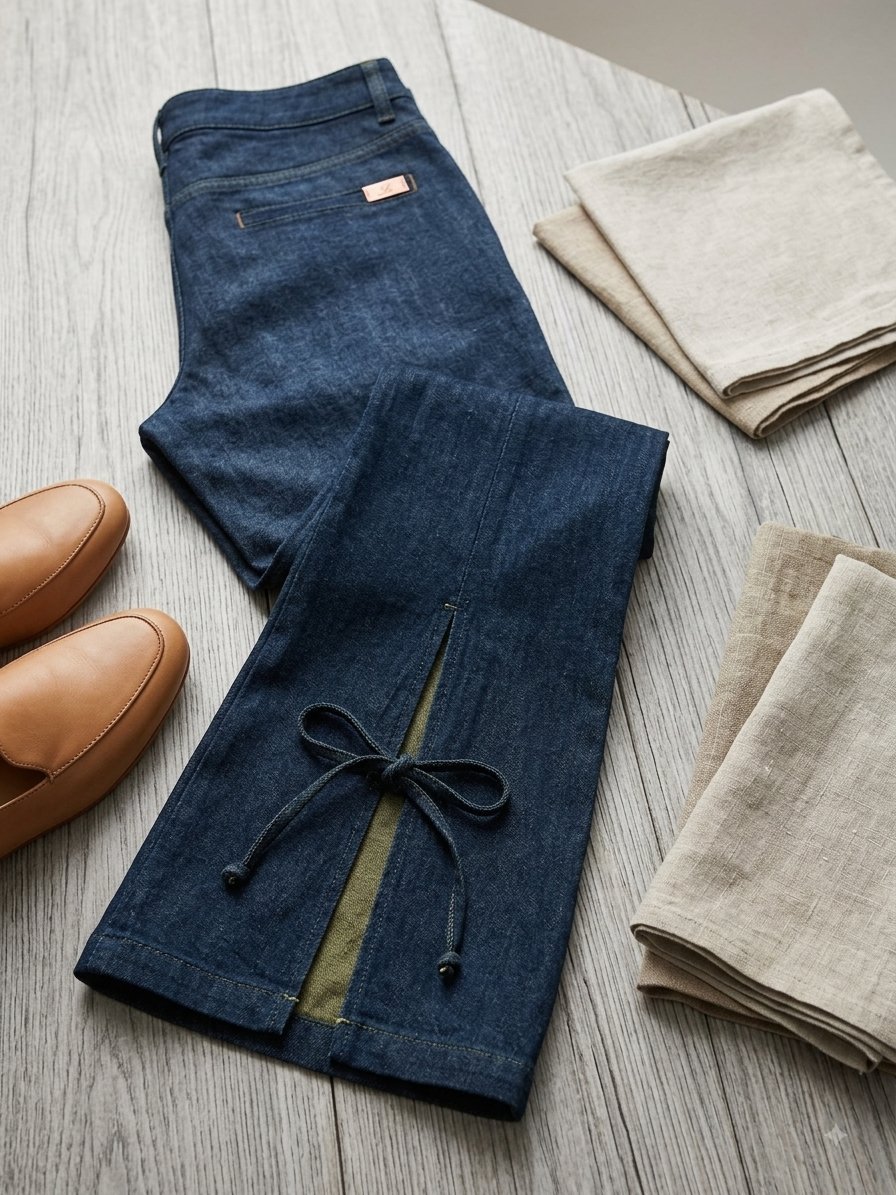 Ce pantalon jeans, avec ses fentes lacées aux ourlets, arbore un style vintage et résolument 'old money'."