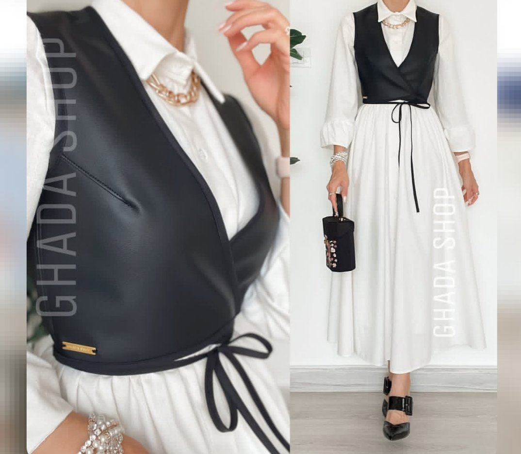 Robe blanche + jacket cuir sans manches 