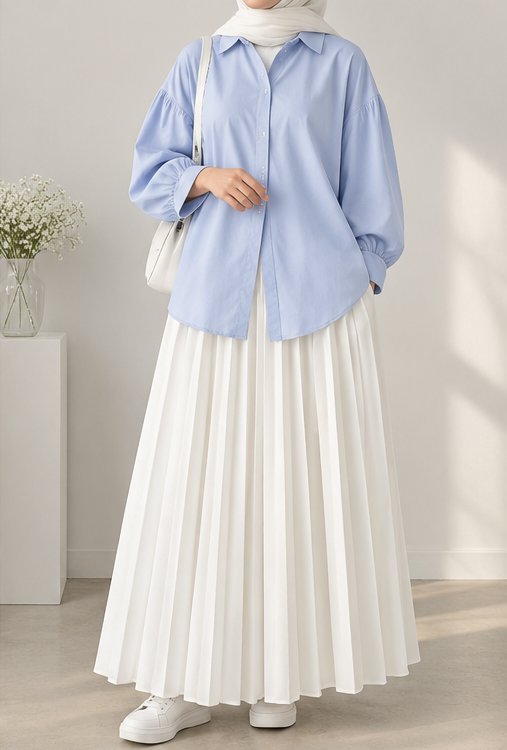 Jupe longue plissée blanche élégante - Style Mastour / Hijab Friendly