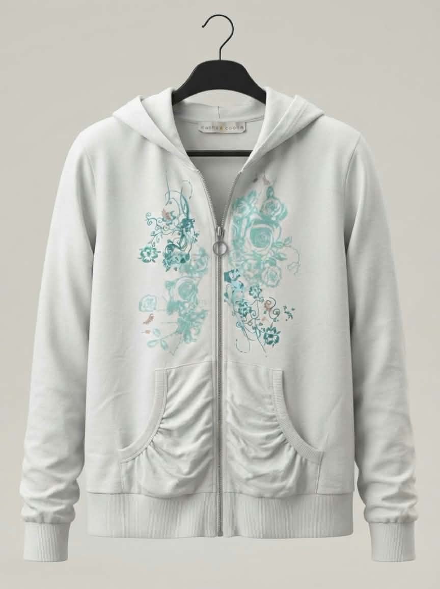 Veste zippée à capuche blanche et turquoise