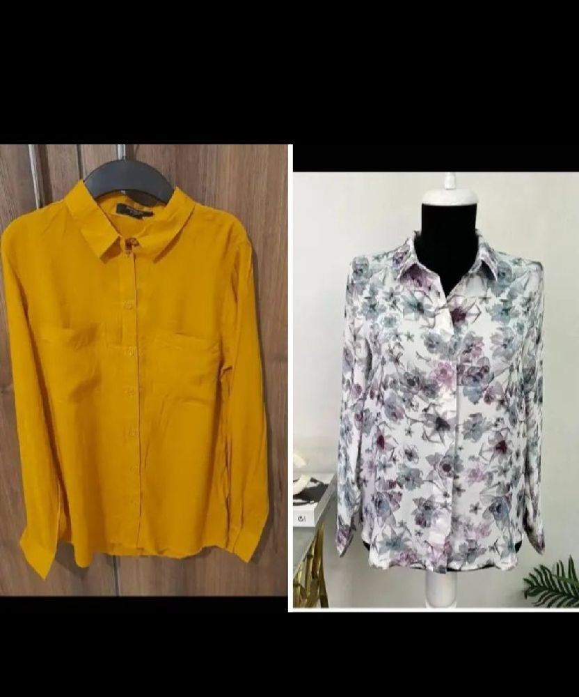 Lot chemises taille S M:Chemise jennyfer fluide 💯 viscose jaune moutarde neuf sans étiquette+chemise H&M satinée jamais porté comme neuf ✨️ يلبسوا من 36حتى 38