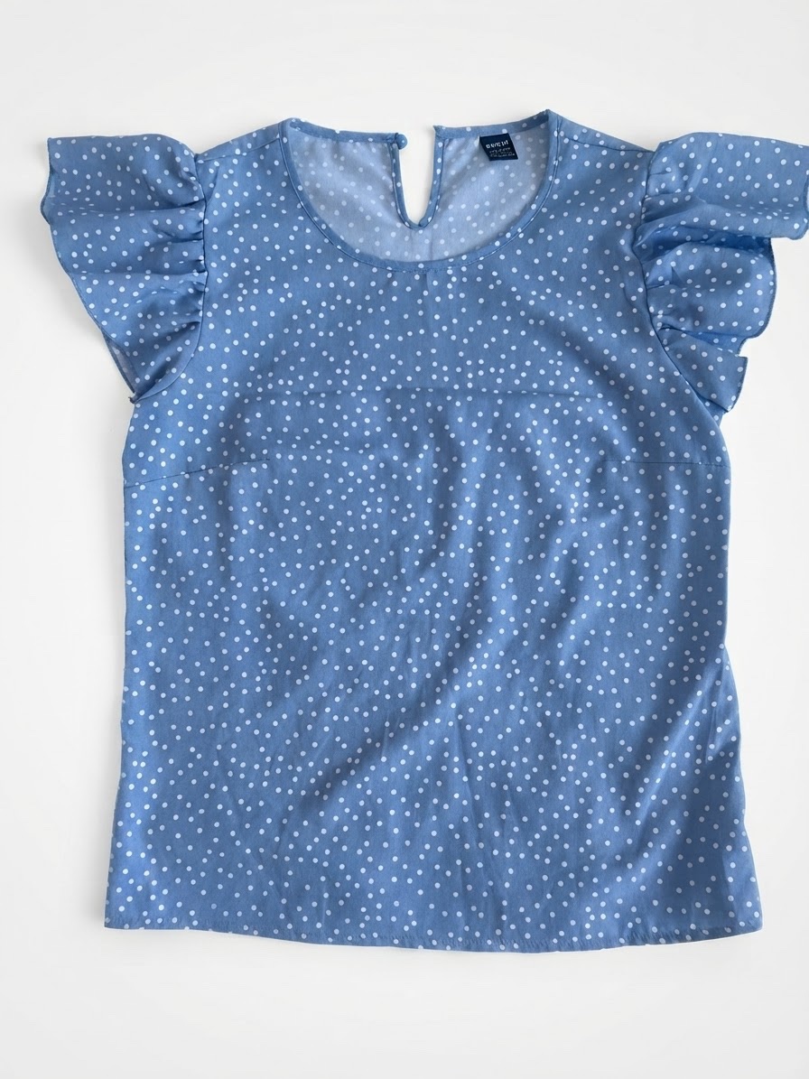 Chemisier bleu à pois blancs – manches volantées