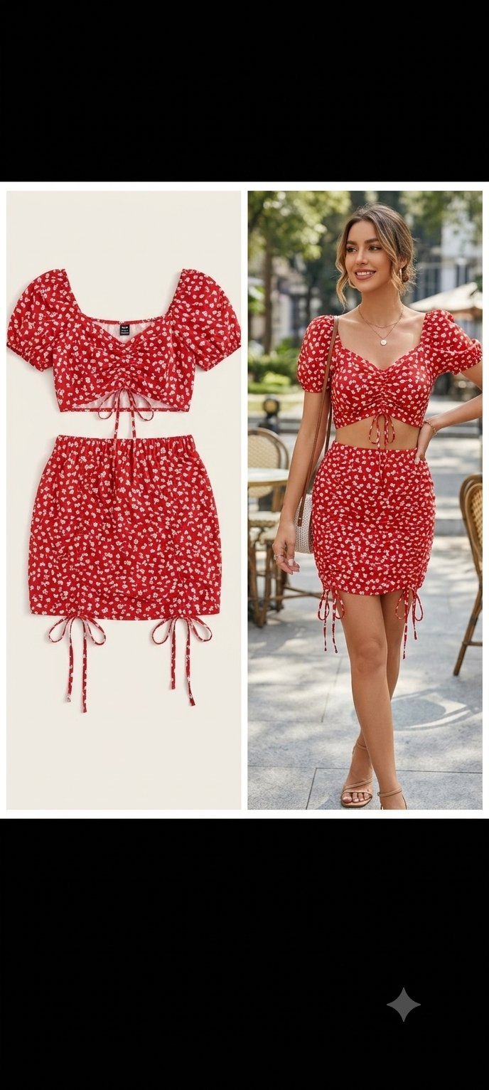 Ensemble 2 pièces rouge à fleurs (Crop Top & Jupe)
