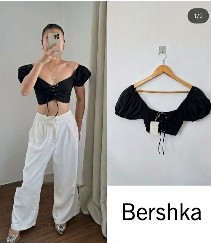 Crop top noir à lacets Bershka – Manches bouffantes (Neuf avec étiquette)