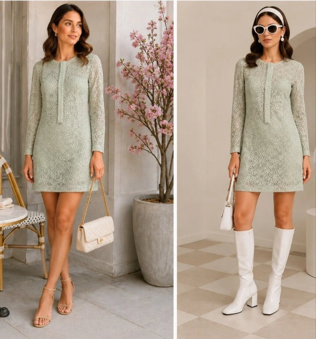 Robe Victoria Beckham vert d'eau, dentelle brodée, manches longues