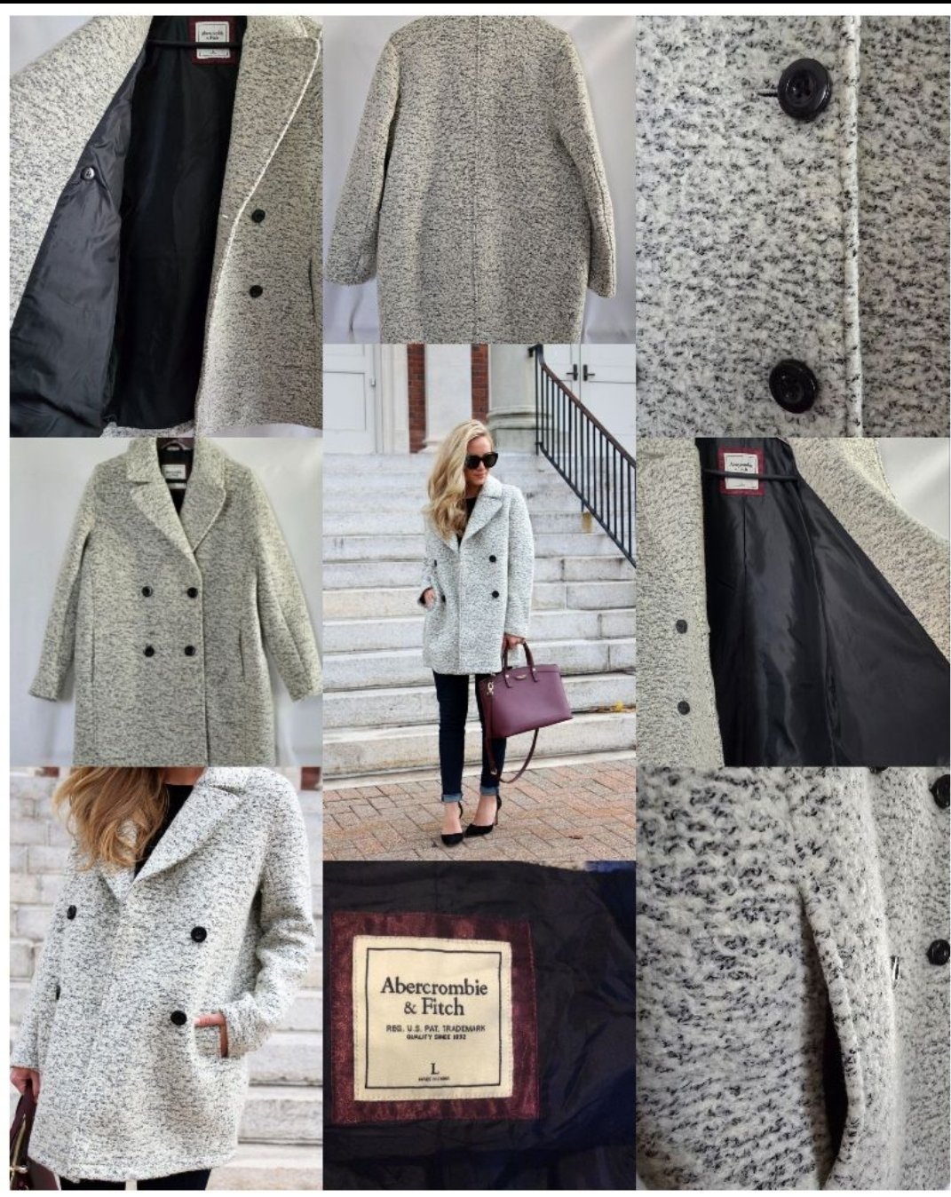ABERCROMBIE & FITCH GRIS LAINE BOUCLES PEA COAT 