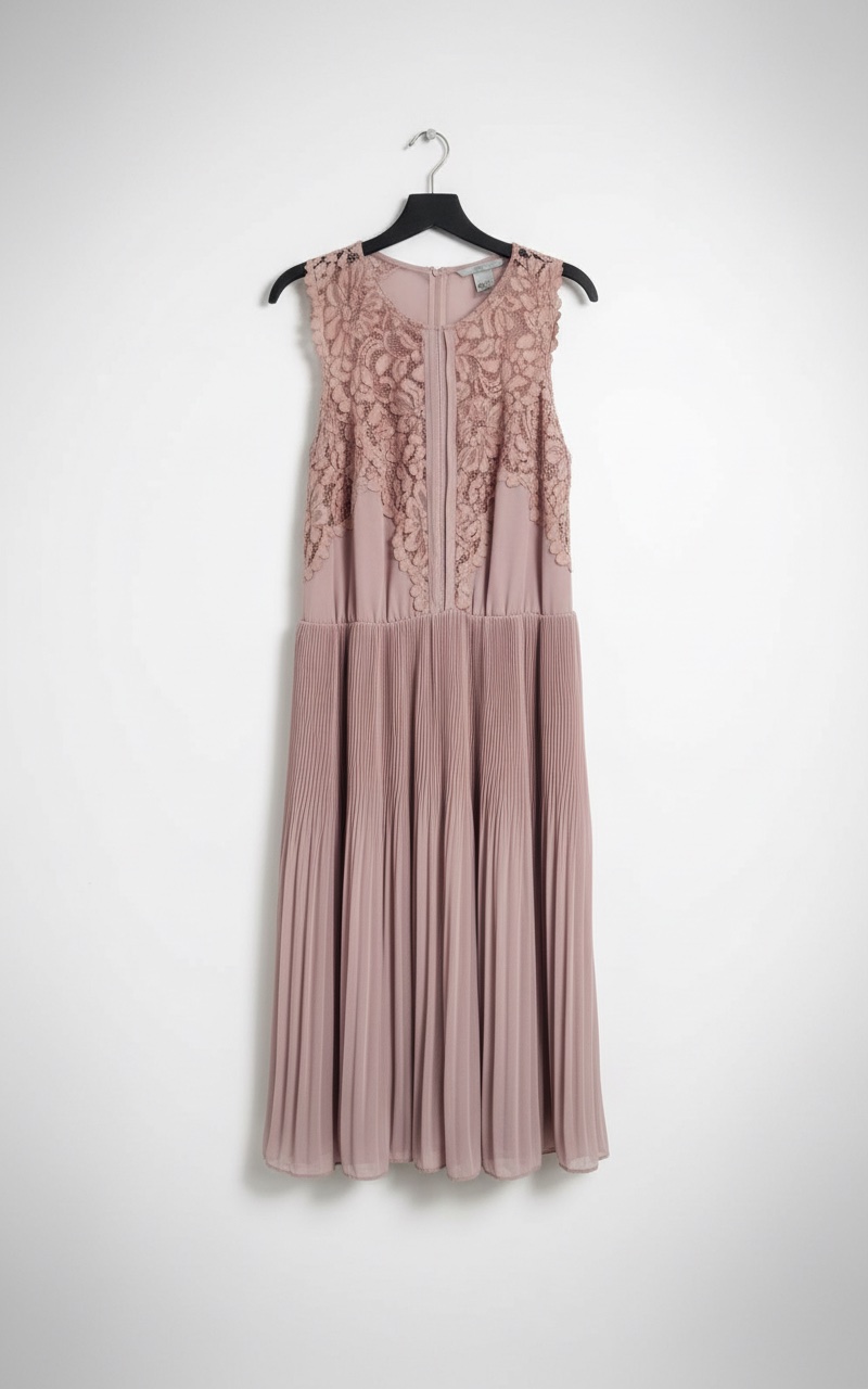 Magnifique Robe Patineuse Plissée & Dentelle – Rose Poudré / Vieux Rose