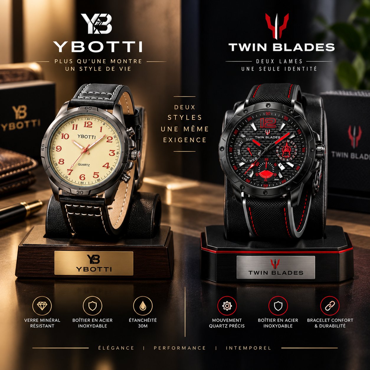 2 Montres noir YBOTTI & TWIN BLADES 