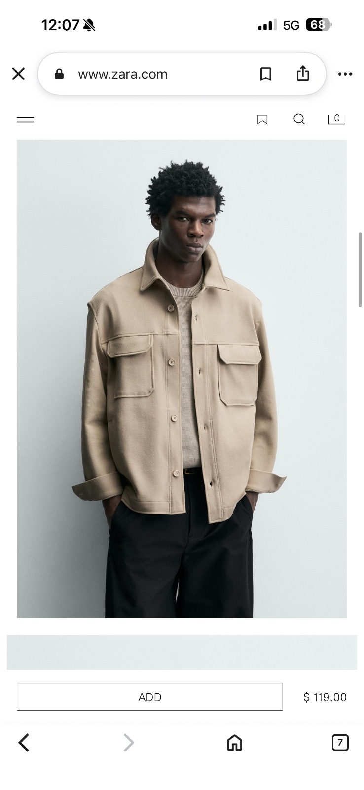 Surchemise ZARA texturée de couleur beige à deux poches poitrine plaquées