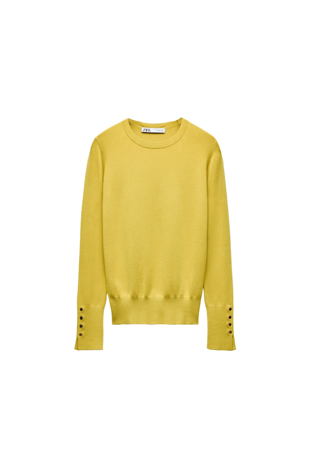 Pull ZARA Boutonné de couleur jaune moutarde à col rond et à manches longues, doté de petits boutons décoratifs aux poignets