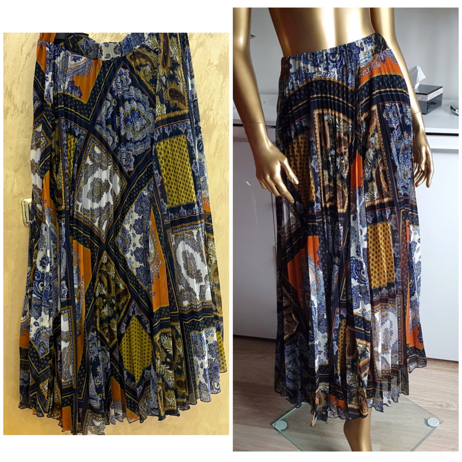 Jupe longue H&M arbore un motif foulard patchwork aux teintes bleu marine, orange et crème