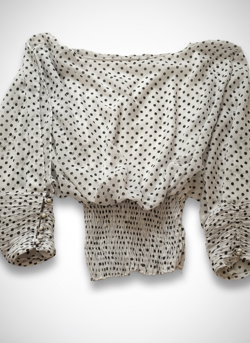 Blouse Anthropologie à pois blancs et noirs présente des détails froncés caractéristiques et une taille cintrée.