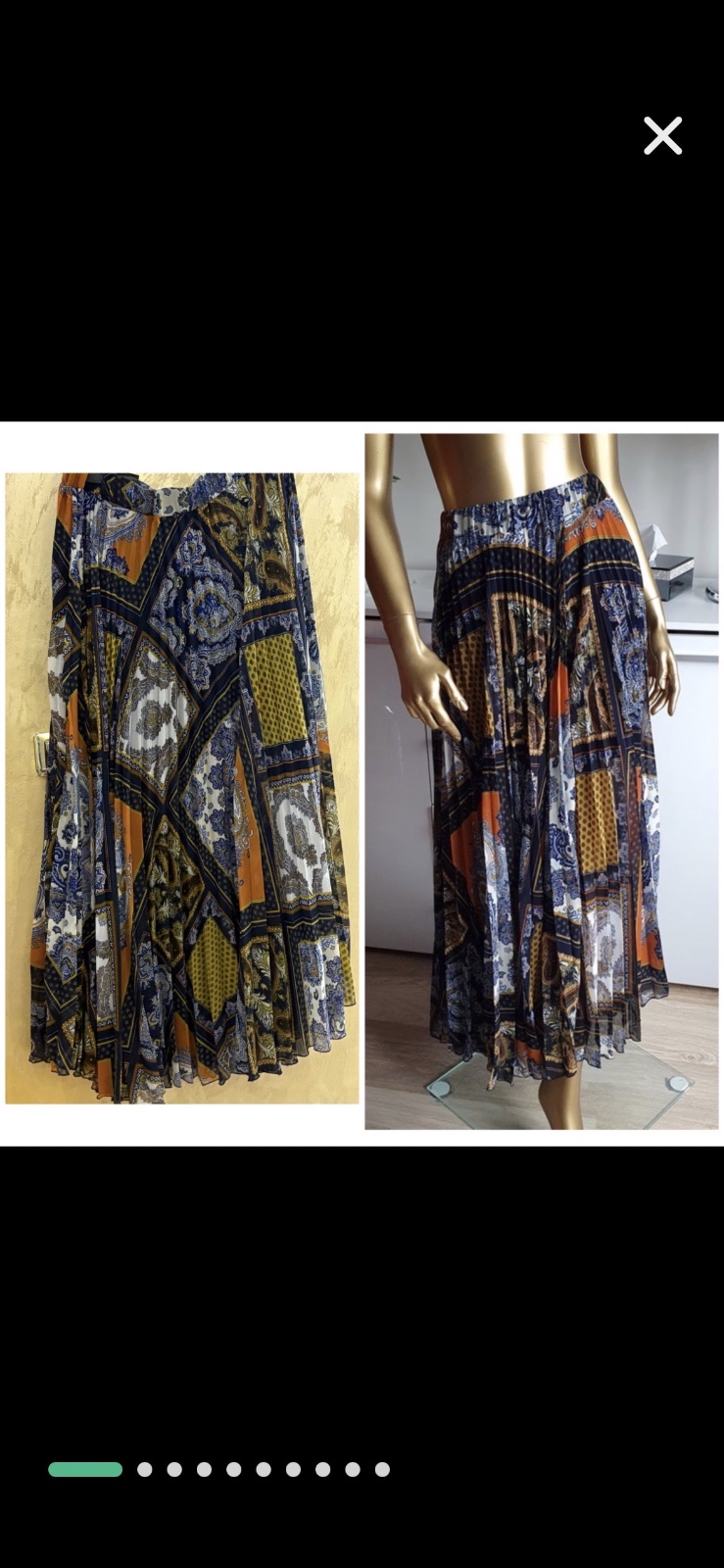 Jupe longue H&M arbore un motif foulard patchwork aux teintes bleu marine, orange et crème