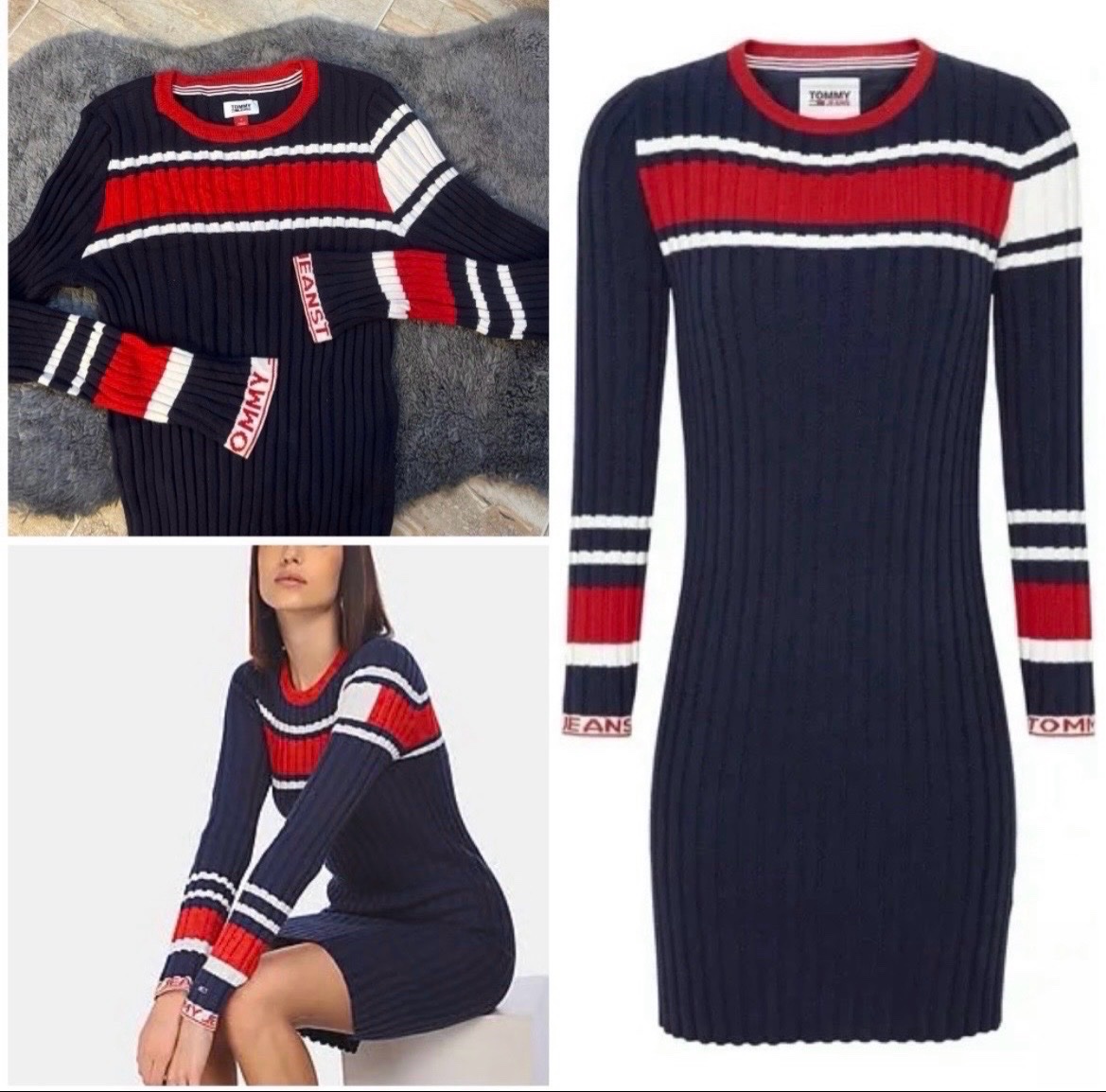 Robe Tommy Jeans Neufff bleu marine à rayures tricolores et à manches longues