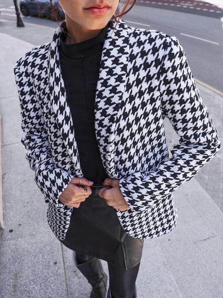 Blazer de la marque SHEIN à motif pied-de-poule bleu marine et blanc