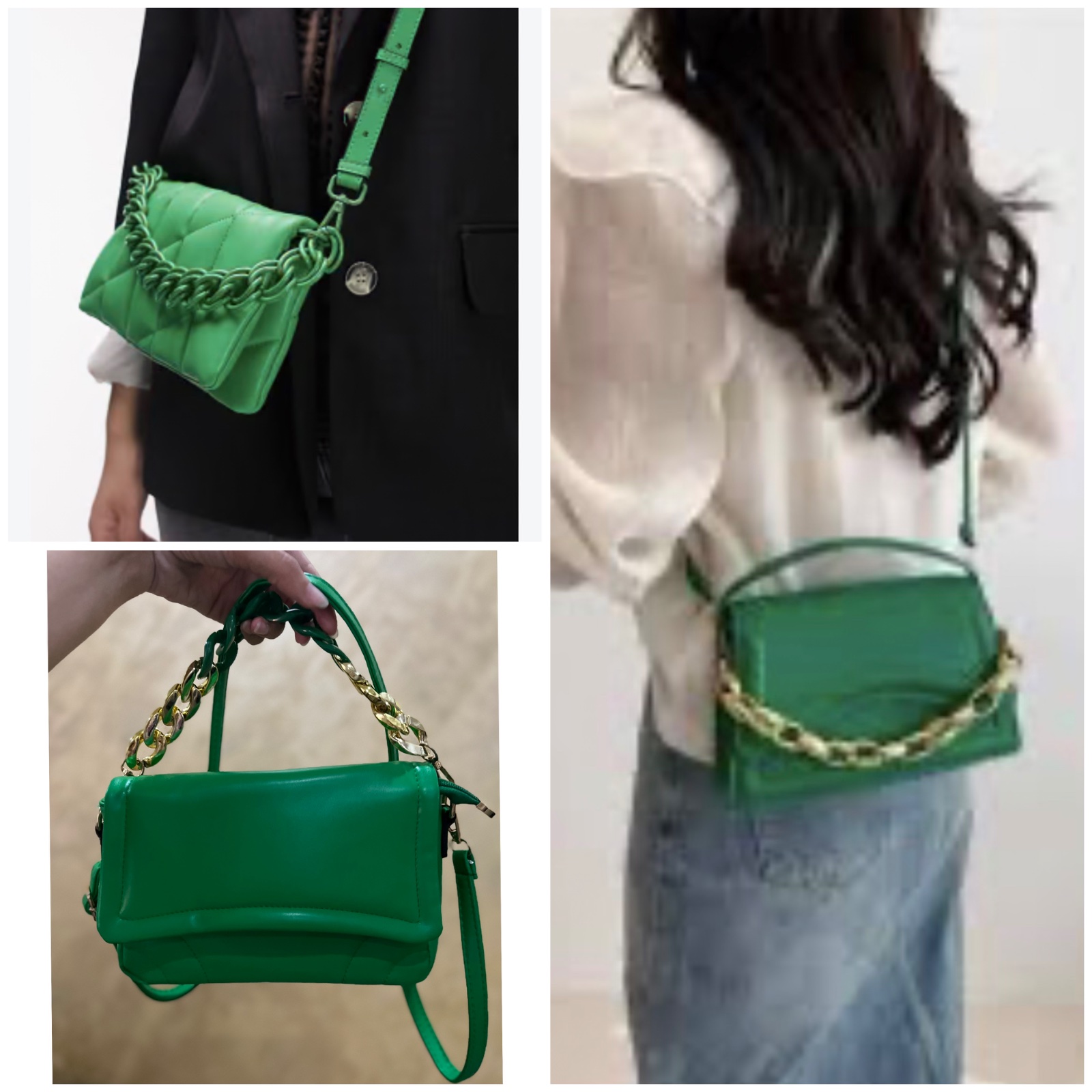Sac à main vert vif avec poignée courte ornée de maillons dorés et verts, rappelant les modèles de style besace ou mini-sac à rabat magnétique