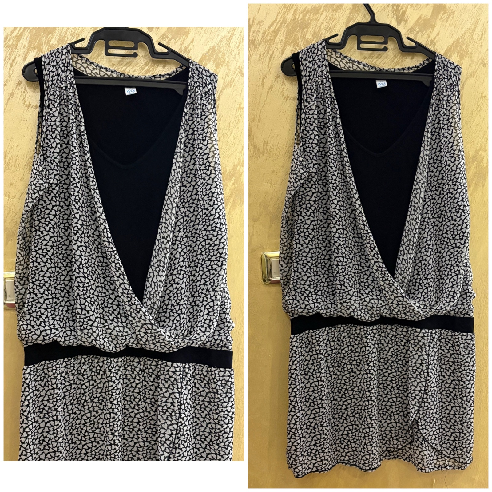 Robe sans manches présente un motif cœur noir et blanc avec un haut cache-cœur