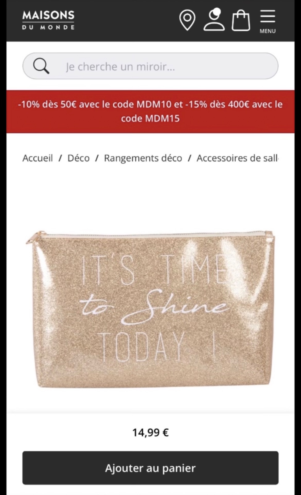 Trousse à paillettes dorées imprimé blanc De chez Maison du monde