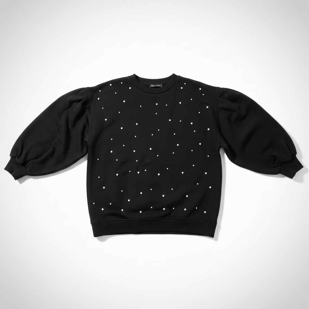 Sweat-shirt Zara noir orné de perles blanches et de manches ballon bouffantes