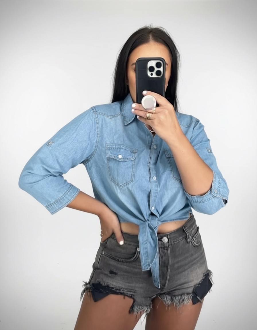 Chemise en jean nouée à la taille