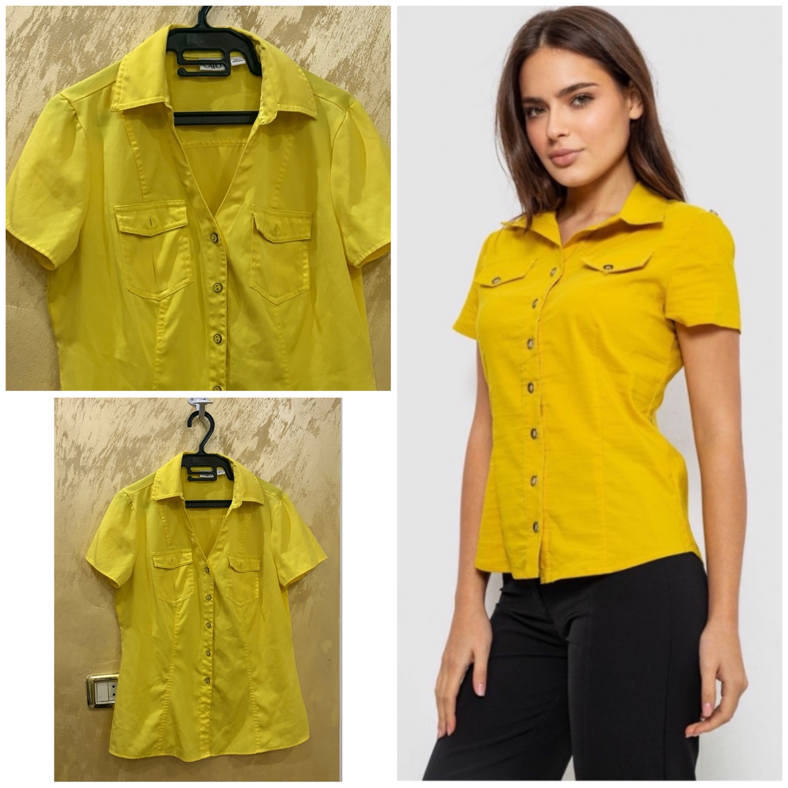 Blouse jaune à manches courtes, avec des poches sur la poitrine et une fermeture boutonnée de la marque Cato