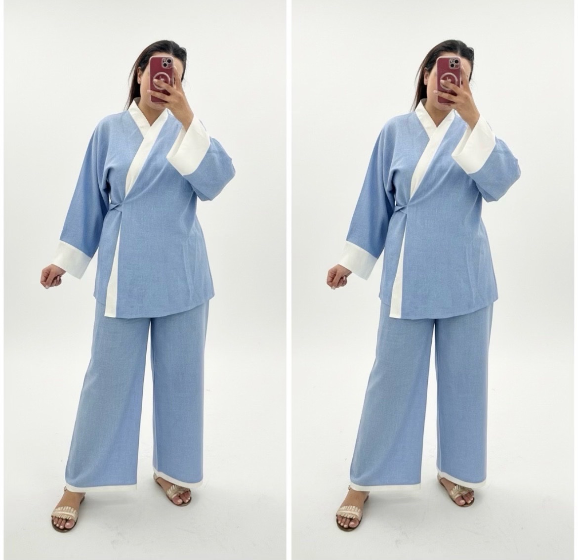 Set croisé bling bling en bleu de style kimono: haut portefeuille à nouer et d'un pantalon large assorti