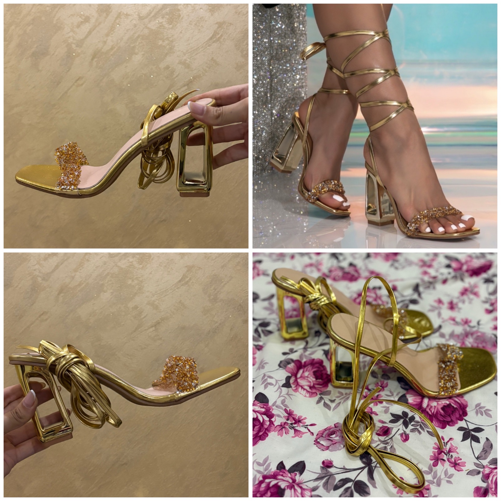 Sandales à talons dorées ornées de strass - SHEIN