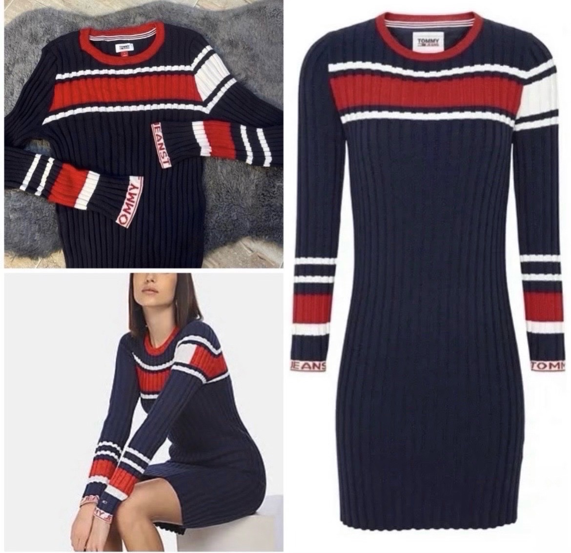 Robe Tommy Neufff bleu marine à rayures tricolores et a manches longues