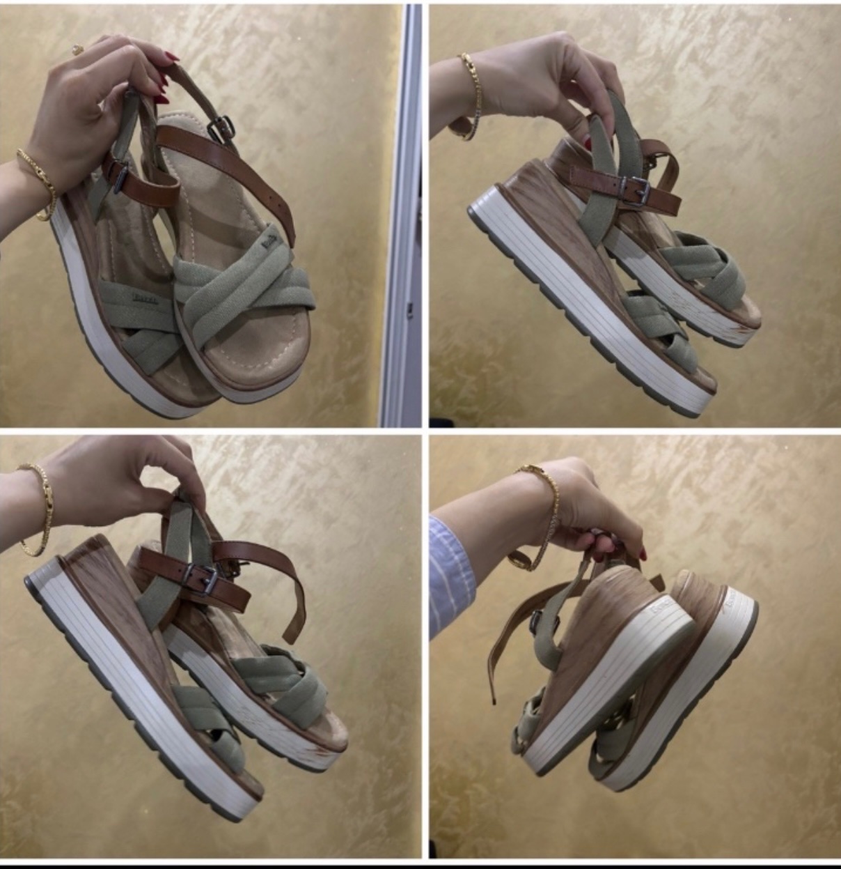 Sandales compensées de la marque Bench se distinguent par leurs larges brides croisées en toile vert olive associées à une lanière réglable en cuir marron et une semelle plateforme crantée